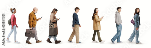 A group of ordinary people of mixed ages walk by looking around curiously as tourists in a new place