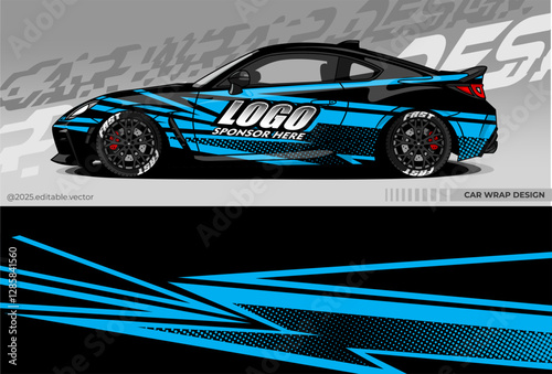 Car wrap design for sports cars. Dominated by black with blue accents. The design has a dynamic Lightning pattern with blue lines and dots, creating a sense of speed and movement.
