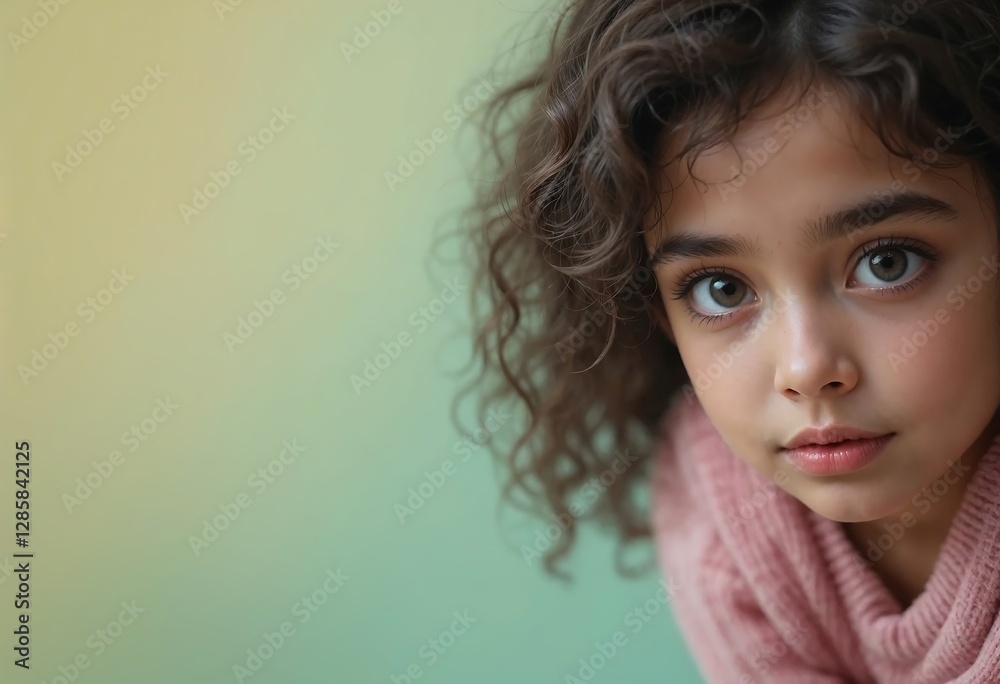 A young girl with curly hair and warm brown eyes gazes thoughtfully against a soft gradient background in this close-up portrait. A young girl with curly hair and warm brown eyes gazes thoughtfully against a soft gradient background in this close-up portrait.