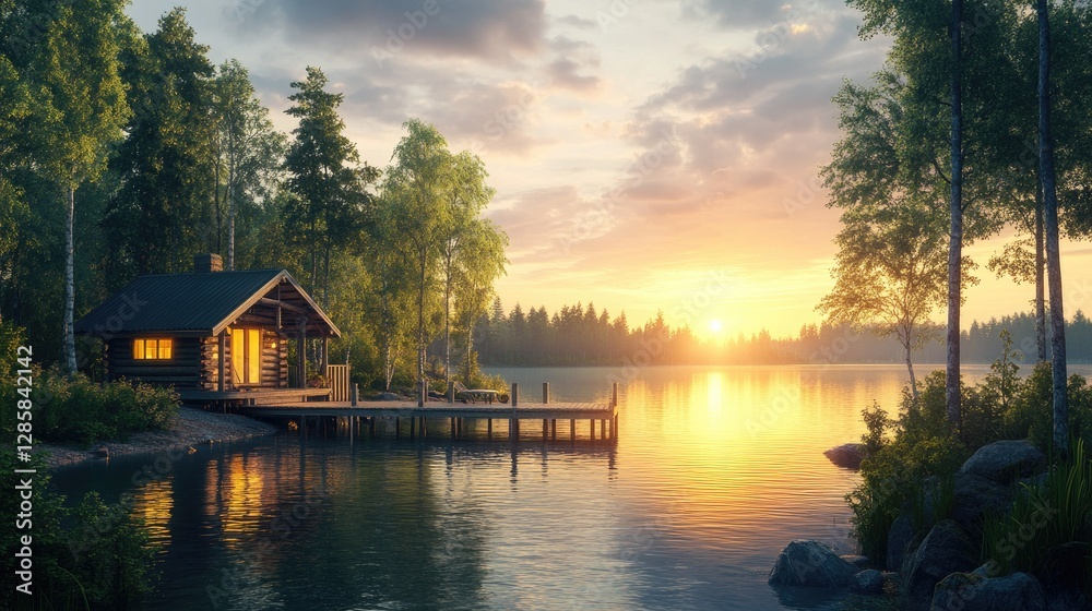 Serene Sunset at Lakeside Cabin Serene Sunset at Lakeside Cabin