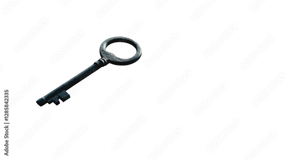 Large iron key with ornate design resting on a plain background captures the essence of mystery and history Large iron key with ornate design resting on a plain background captures the essence of mystery and history