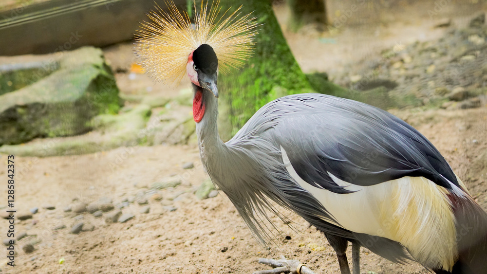 Fototapeta premium Crowned crane activity with closed and blurred background in Ragunan National Park