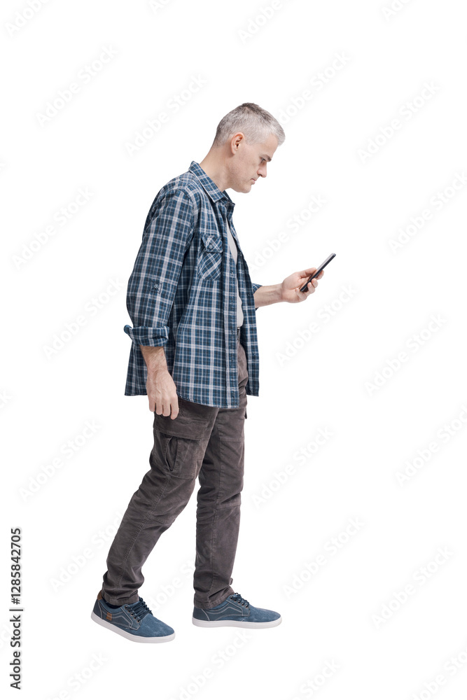 Man holding his smartphone and checking social media contents Man holding his smartphone and checking social media contents