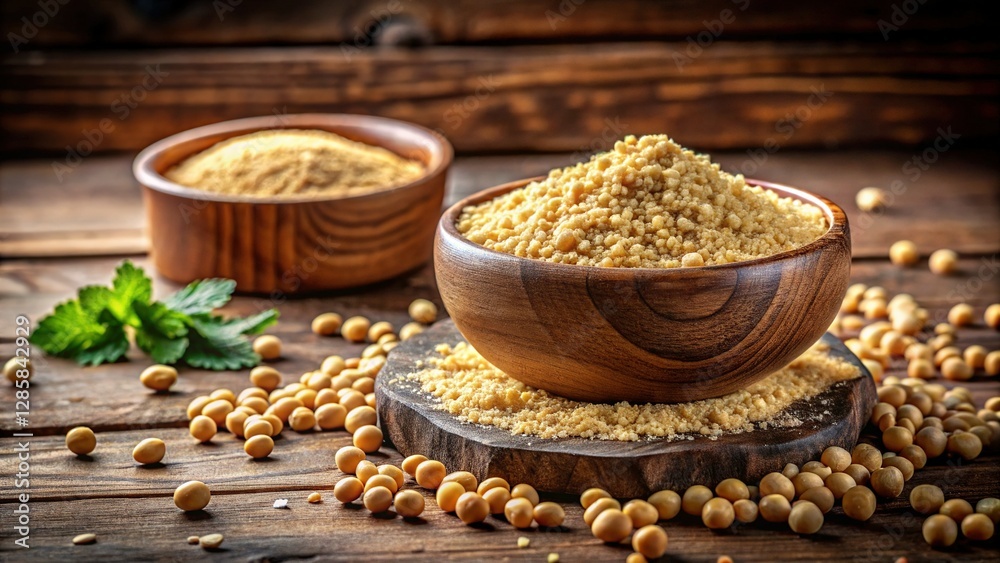 Freshly Ground Soybean Meal in Rustic Wooden Bowl with Soybeans Freshly Ground Soybean Meal in Rustic Wooden Bowl with Soybeans