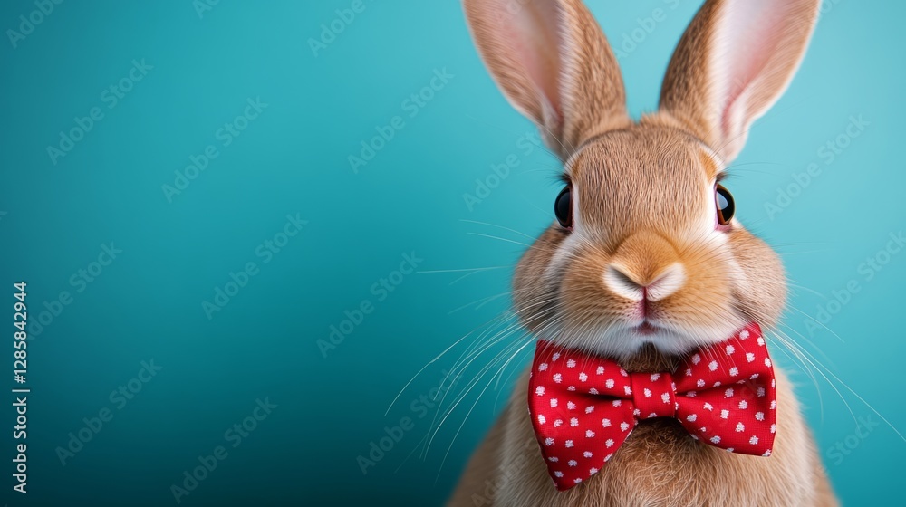Obraz premium Rabbit wearing a red bow tie is staring at the camera. The rabbit is wearing a red bow tie and is standing on a blue background
