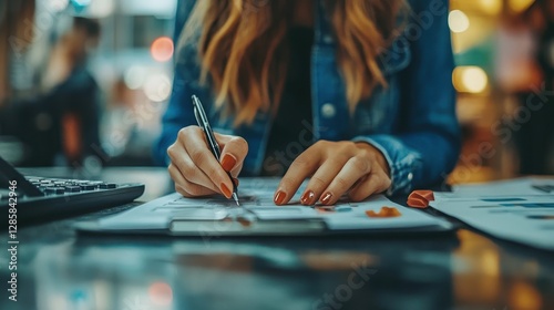 Female Auditor Taking Notes During Financial Review with Calculator in Modern Office Setting Focused on Document Analysis and Productivity