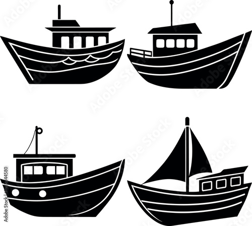 Stylized Boat Silhouette Vector Icon Set Nautical & Marine Theme.