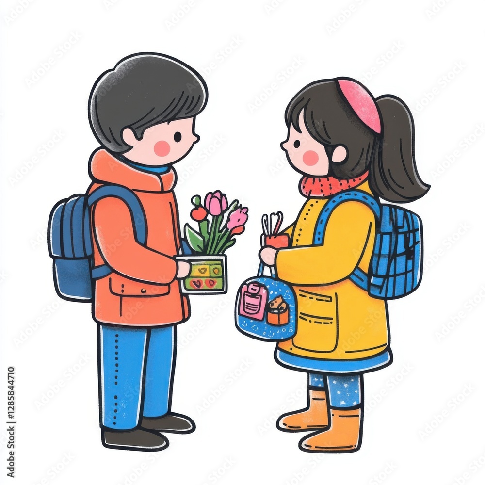 Young Boy and Girl Exchanging Flowers and Gifts in a Cheerful Outdoor Scene with Colorful Clothing Young Boy and Girl Exchanging Flowers and Gifts in a Cheerful Outdoor Scene with Colorful Clothing