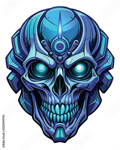 Render a biomechanical skull, intricately fused with sleek, alien-like technology; showcasing glowing circuitry and metallic exoskeleton.
