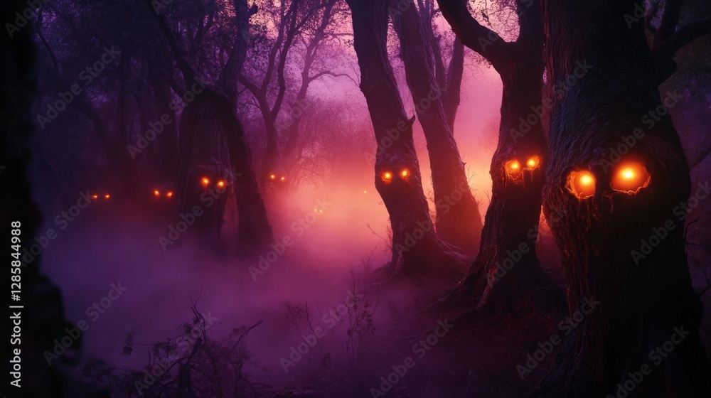 Eerie Glow in Enchanted Forest at Dusk: Mysterious Trees with Amber Eyes Eerie Glow in Enchanted Forest at Dusk: Mysterious Trees with Amber Eyes