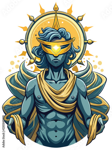 A blindfolded, ethereal being, possibly angelic, with a colossal, radiant golden halo.  Intricate halo details.