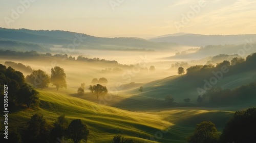Serene Morning Mist Over Rolling Hills in the Countryside