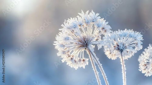 Frost-covered flowers glistening in the sunlight create a serene winter scene, showcasing the beauty and fragility of nature in cold weather.