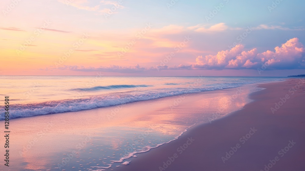 Serene Sunrise Over Tranquil Beach with Gentle Waves and Soft Pastel Sky Serene Sunrise Over Tranquil Beach with Gentle Waves and Soft Pastel Sky