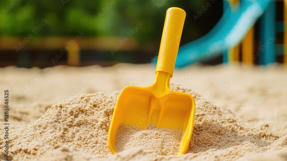 Bright Yellow Plastic Shovel Resting on a Mound of Fine Sand in a Playground Setting Bright Yellow Plastic Shovel Resting on a Mound of Fine Sand in a Playground Setting