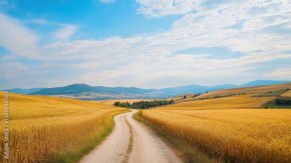 Scenic Dirt Road Through Golden Wheat Fields Under Blue Sky in Summer Scenic Dirt Road Through Golden Wheat Fields Under Blue Sky in Summer