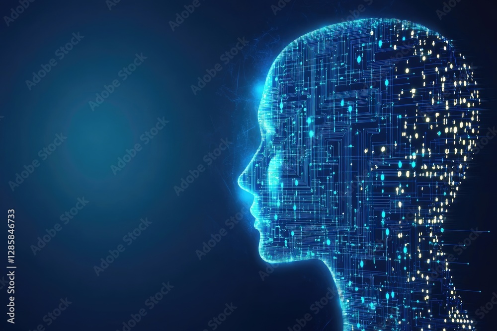 Obraz premium Neural network concept with circuit board head silhouette and floating binary code, modern AI technology theme for software development or website graphics.
