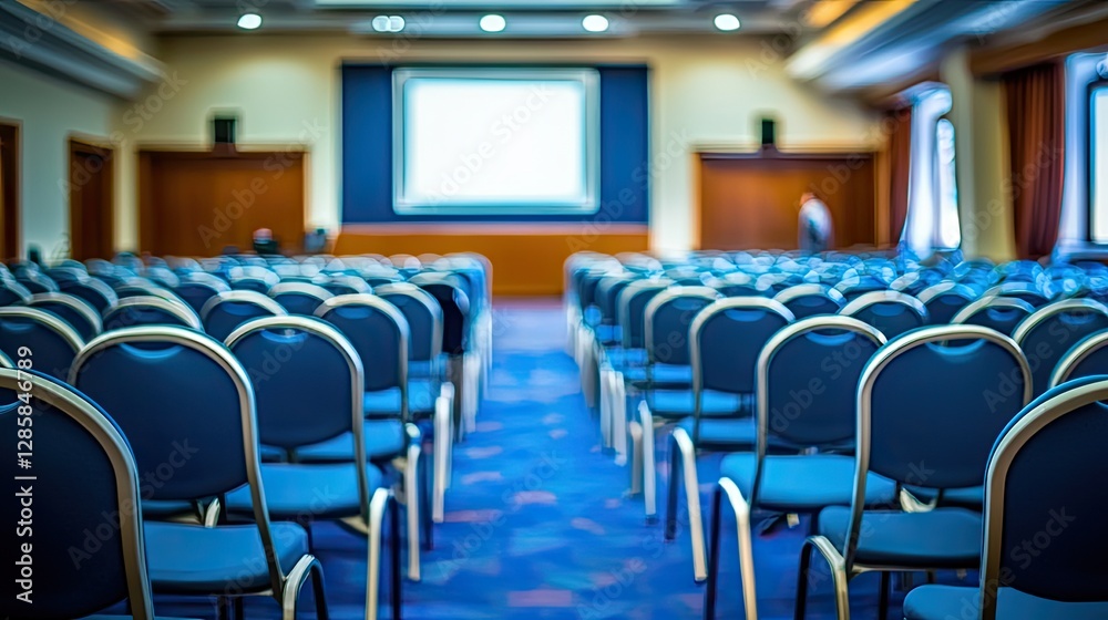 Empty Conference Room with Blue Chairs and Projector Screen Ahead Empty Conference Room with Blue Chairs and Projector Screen Ahead