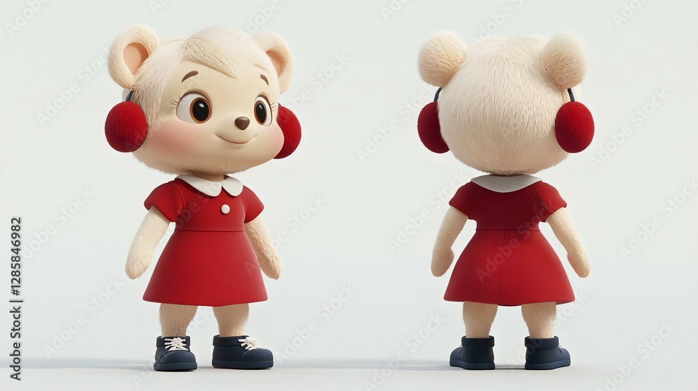 Cute cartoon bear character wearing a red dress and earmuffs. Ideal for children's illustrations and animations, exuding fun and friendliness. Cute cartoon bear character wearing a red dress and earmuffs. Ideal for children's illustrations and animations, exuding fun and friendliness.