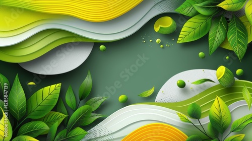 Abstract green leaves and yellow waves background