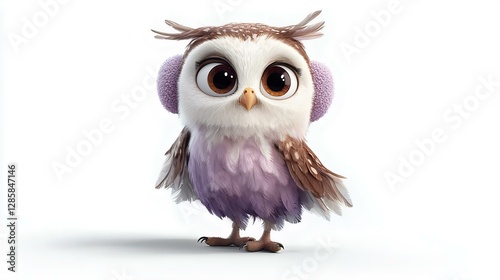 Adorable cartoon owl character with large expressive eyes, fluffy feathers, and cozy ear muffs. Perfect for children's designs and animations.