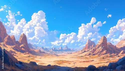 An Overwhelming View of a Vast Desert Landscape with Dramatic Clouds and Unique Rock Formations Under a Bright Blue Sky