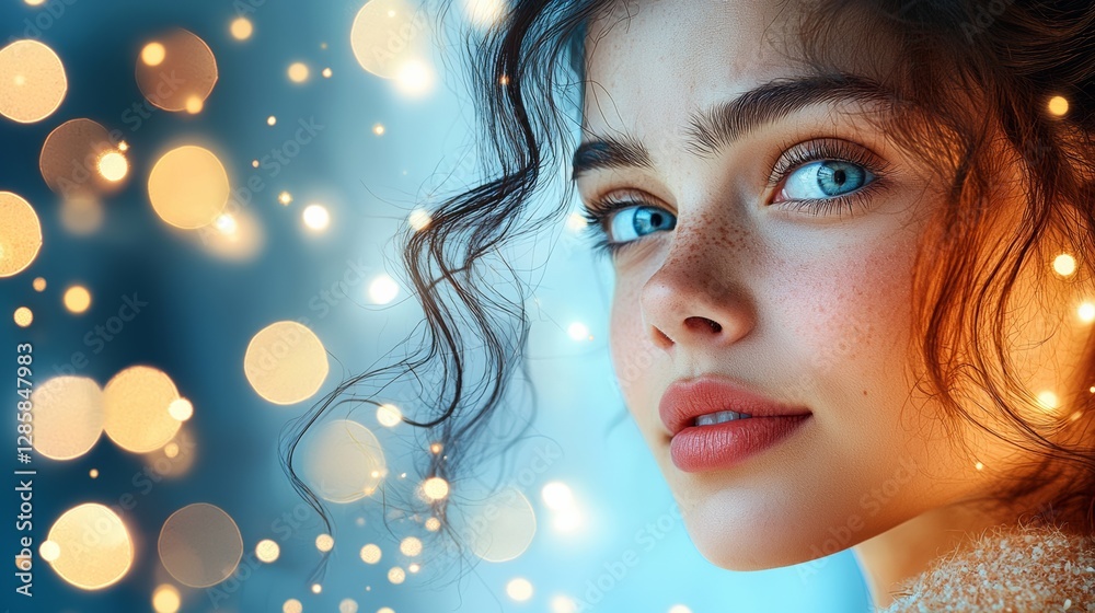 Woman with blue eyes and red lips is the main focus of the image. The background is a blurry, starry sky with a blue hue. The woman's hair is styled in a wavy, curly manner Woman with blue eyes and red lips is the main focus of the image. The background is a blurry, starry sky with a blue hue. The woman's hair is styled in a wavy, curly manner