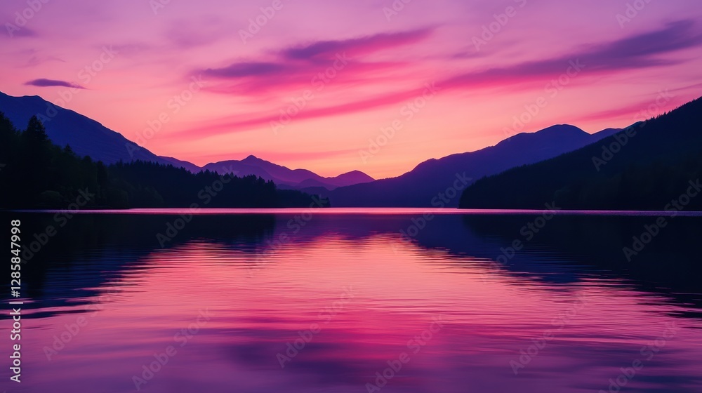 Vibrant Sunset Over Tranquil Lake Surrounded by Majestic Mountains Vibrant Sunset Over Tranquil Lake Surrounded by Majestic Mountains