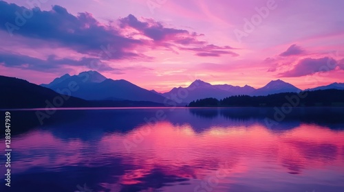 Serene Sunset Over Majestic Mountains Reflected in Tranquil Lake