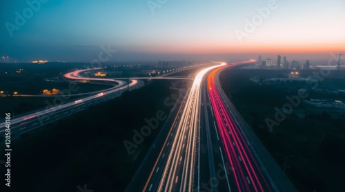 Highway at Night with Car Light Trails and Skyline View