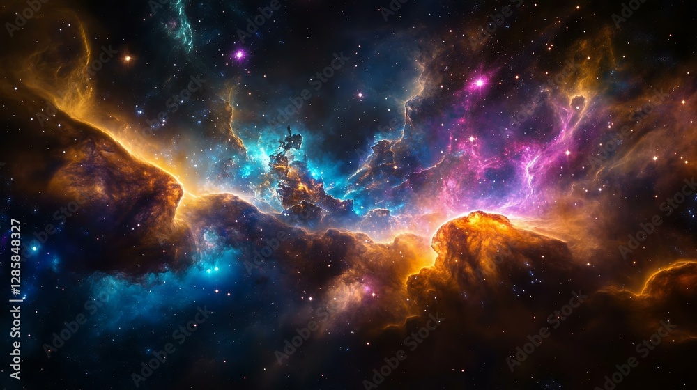 Fototapeta premium Stunning cosmic scene featuring vibrant nebulae, sparkling stars, and colorful gas clouds in deep space, capturing the beauty of the universe.