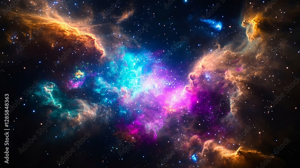 Fototapeta premium Vibrant cosmic scene featuring a stunning nebula with swirling gas and bright stars, showcasing the beauty of outer space in vivid colors.