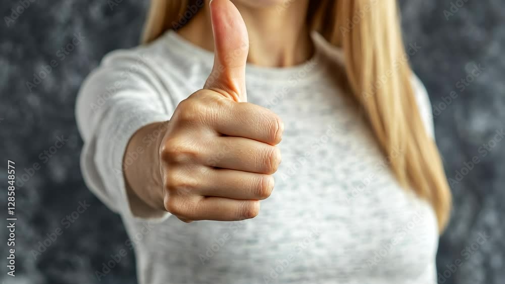 Person showing a thumbs up gesture in a casual setting with a neutral background indicating approval or satisfaction