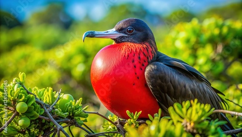 Magnificent Frigatebird with Inflated Gular Sac in Galapagos Shrubbery, North Seymour Island