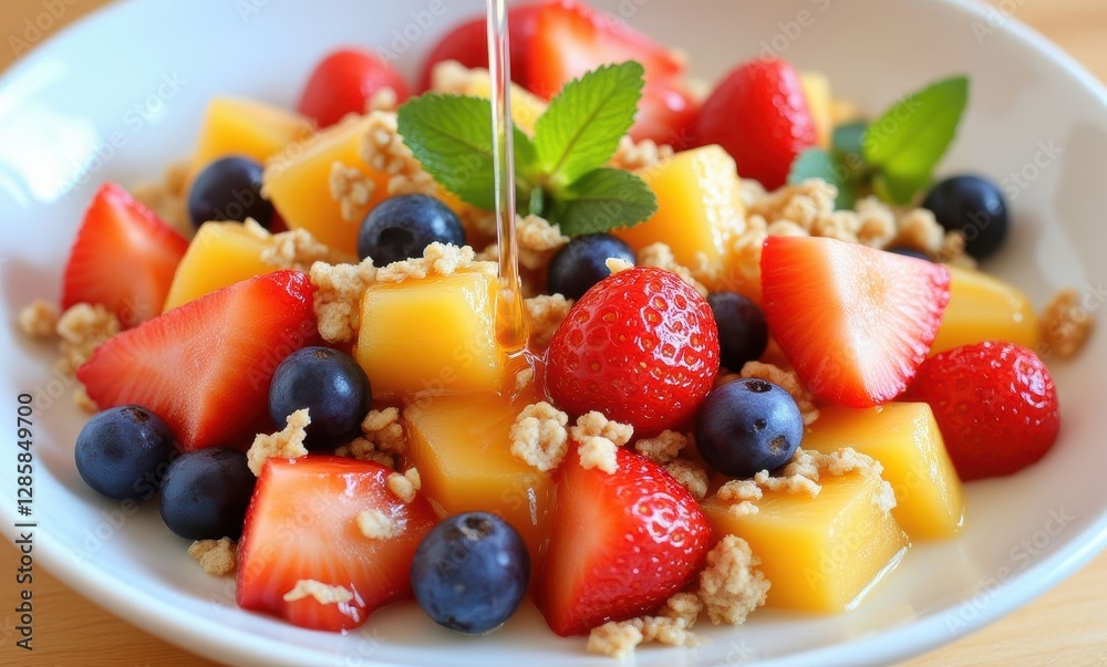 Colorful fruit salad with honey drizzle Colorful fruit salad with honey drizzle