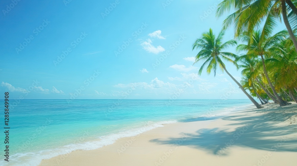 Serene Beach Scene with Palm Trees and Tranquil Ocean under Clear Blue Sky Serene Beach Scene with Palm Trees and Tranquil Ocean under Clear Blue Sky