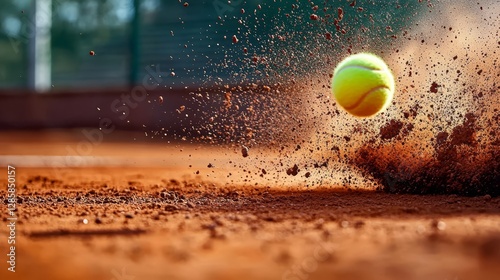A dynamic image of a tennis ball in motion on a clay court.