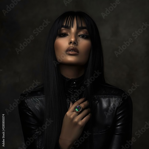 A captivating portrait of a woman with long black hair and dramatic makeup, wearing a leather outfit and showcasing a ring, evoking elegance. photo
