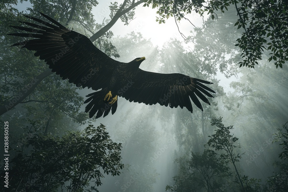 Fototapeta premium Majestic eagle soaring through misty forest with sun rays filtering