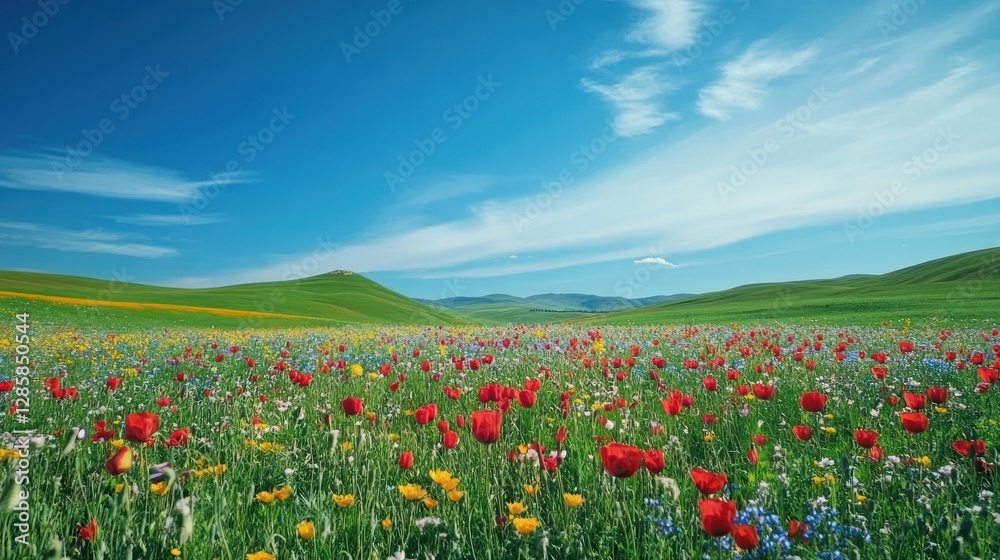 Vibrant Wildflower Field in Spring Under Clear Blue Sky Vibrant Wildflower Field in Spring Under Clear Blue Sky