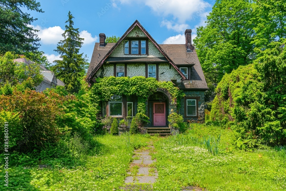 Charming old house surrounded by lush overgrown greenery Charming old house surrounded by lush overgrown greenery