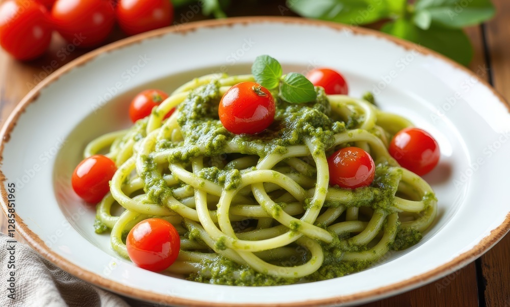 Fresh pasta with pesto and cherry tomatoes Fresh pasta with pesto and cherry tomatoes