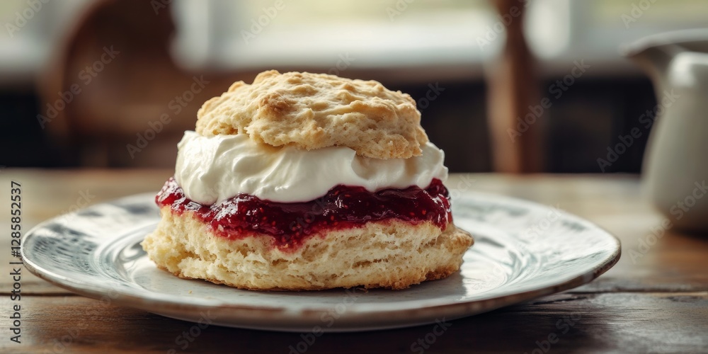 Fresh Scone with Clotted Cream and Raspberry Jam on a Plate Fresh Scone with Clotted Cream and Raspberry Jam on a Plate