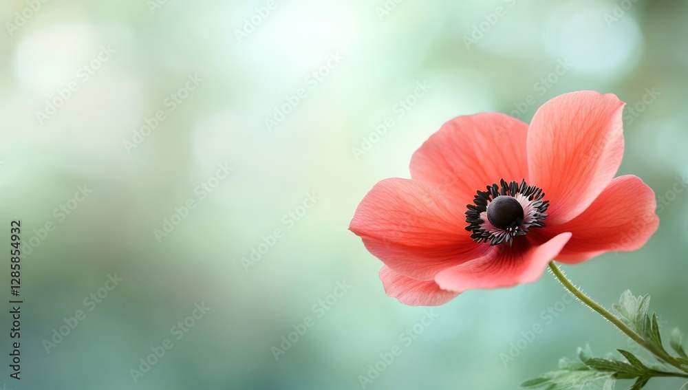 Delicate Coral Poppy on Soft Green Background Delicate Coral Poppy on Soft Green Background