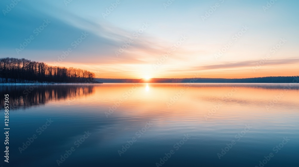 Obraz premium Tranquil Sunset Over Calm Waters with Reflections of Sky and Trees in Serene Landscape