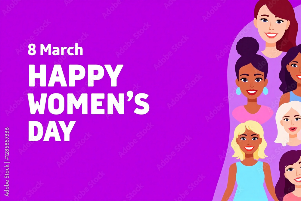 Purple background digital banner 8 March text and women illustrations Purple background digital banner 8 March text and women illustrations