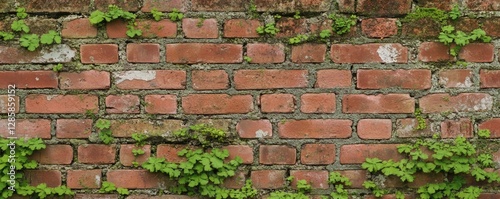 Green plants growing naturally on a rustic stone wall