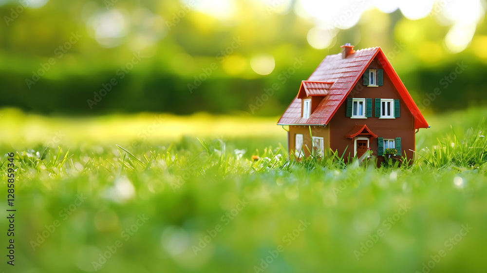 Miniature house model on lush green grass with a blurred garden background, symbolizing home Miniature house model on lush green grass with a blurred garden background, symbolizing home