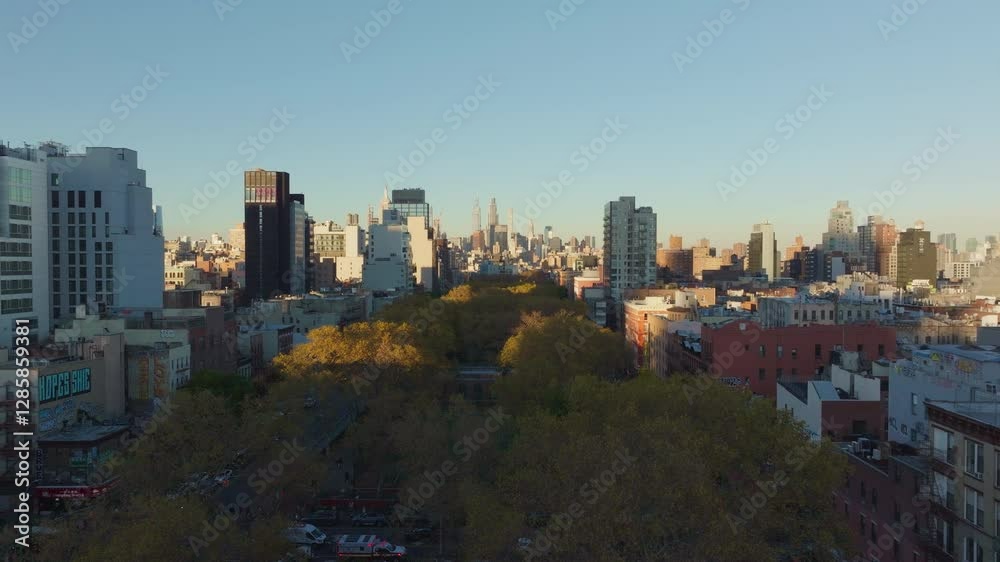 Golden sunlight warming vibrant autumn leaves of Sara D. Roosevelt Park, Lower East Side Manhattan skyline aerial view Golden sunlight warming vibrant autumn leaves of Sara D. Roosevelt Park, Lower East Side Manhattan skyline aerial view
