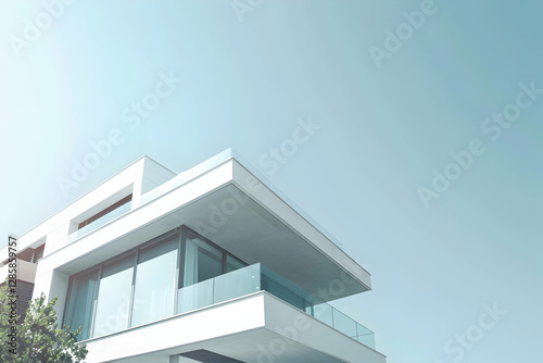 Modern architectural design of a sleek  minimalist house against a clear blue sky